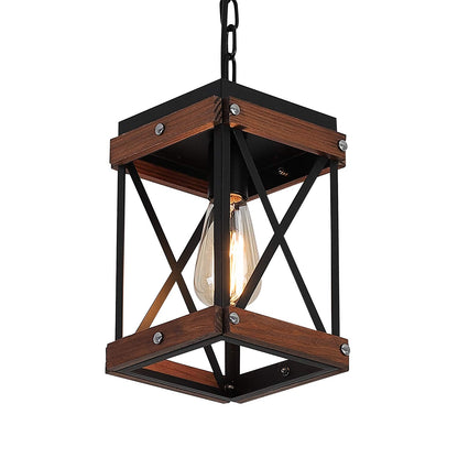 Fivess Lighting Rustic Farmhouse Pendant Light with Wood and Metal Cage, One-Light Adjustable Chains Industrial Mini Pendant Lighting Fixture for Kitchen Island Cafe Bar, Black - WoodArtSupply