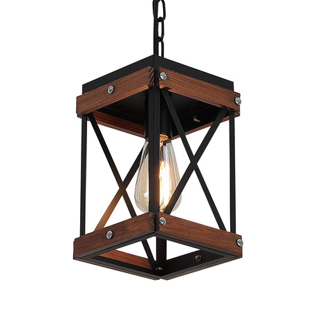 Fivess Lighting Rustic Farmhouse Pendant Light with Wood and Metal Cage, One-Light Adjustable Chains Industrial Mini Pendant Lighting Fixture for Kitchen Island Cafe Bar, Black Fivess Lighting