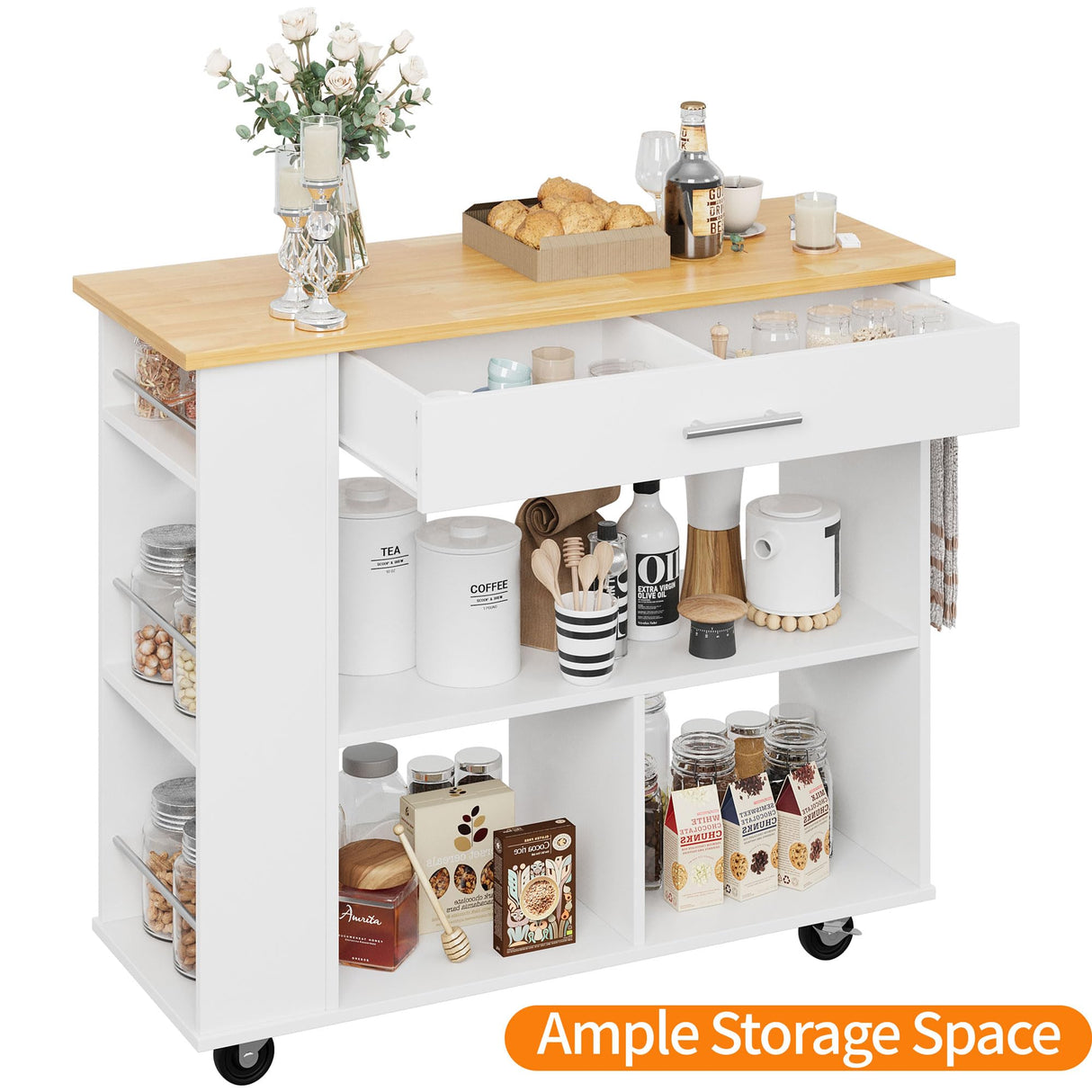 Shintenchi Kitchen Island on Wheels with Storage, Wheeled Island & Cart with 3-Tier Spice Rack, 3 Open Shelves and 1 Drawer, White Shintenchi