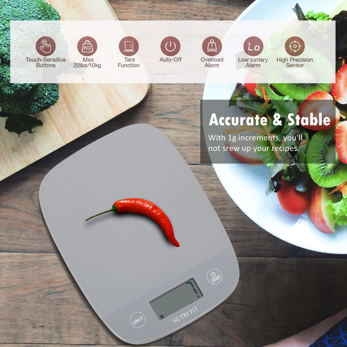 NUTRI FIT Food Scale Kitchen Scales Digital Weight Grams and Ounces for Baking Cooking, Weighing Scale Portion Control, Max 11lb 1g Increment 6 Units Smart Tare Hanging Storage, Gray NUTRI FIT