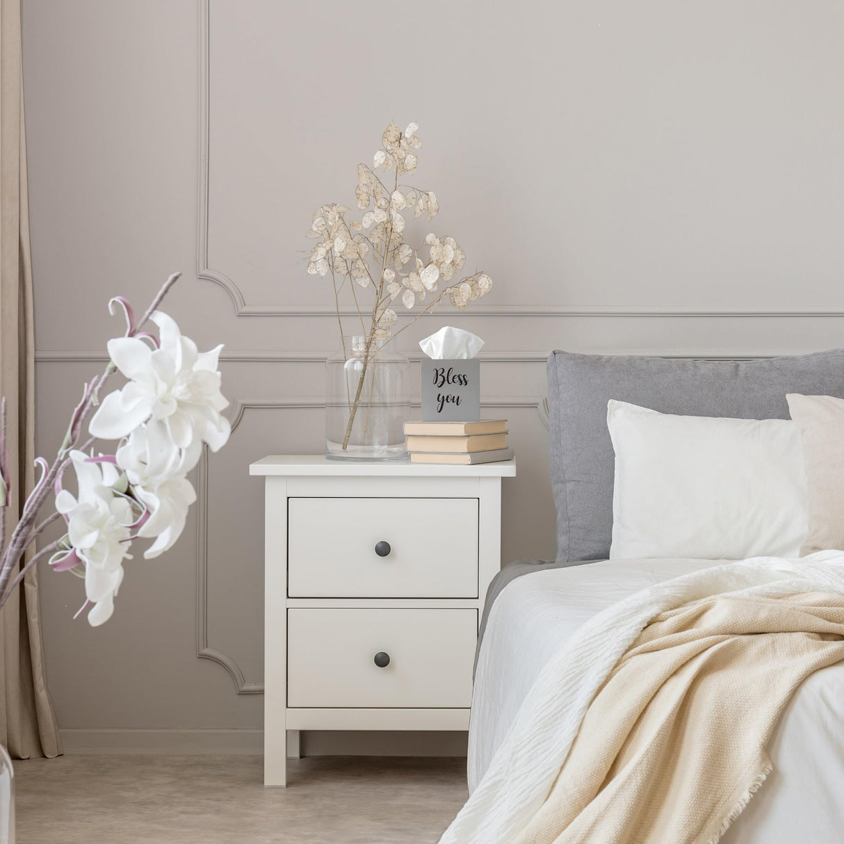 Elegant Designs HG2024-GRW Decorix Farmhouse Square Wood Decorative Tissue Box Cover w Bless You Black Script & Sliding Base for Vanity, Bathroom, Bedroom, Livingroom, Office, Desk, Table, Gry Wash Elegant Designs