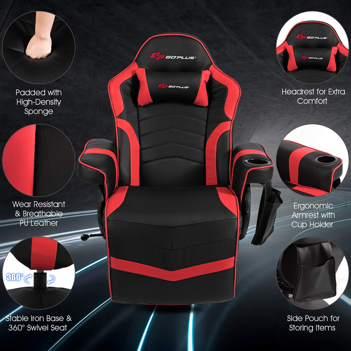 POWERSTONE Gaming Recliner Massage Gaming Chair with Footrest Ergonomic PU Leather Single Sofa with Cup Holder Headrest and Side Pouch, Adjustable Living Room Chair Seating, Red POWERSTONE