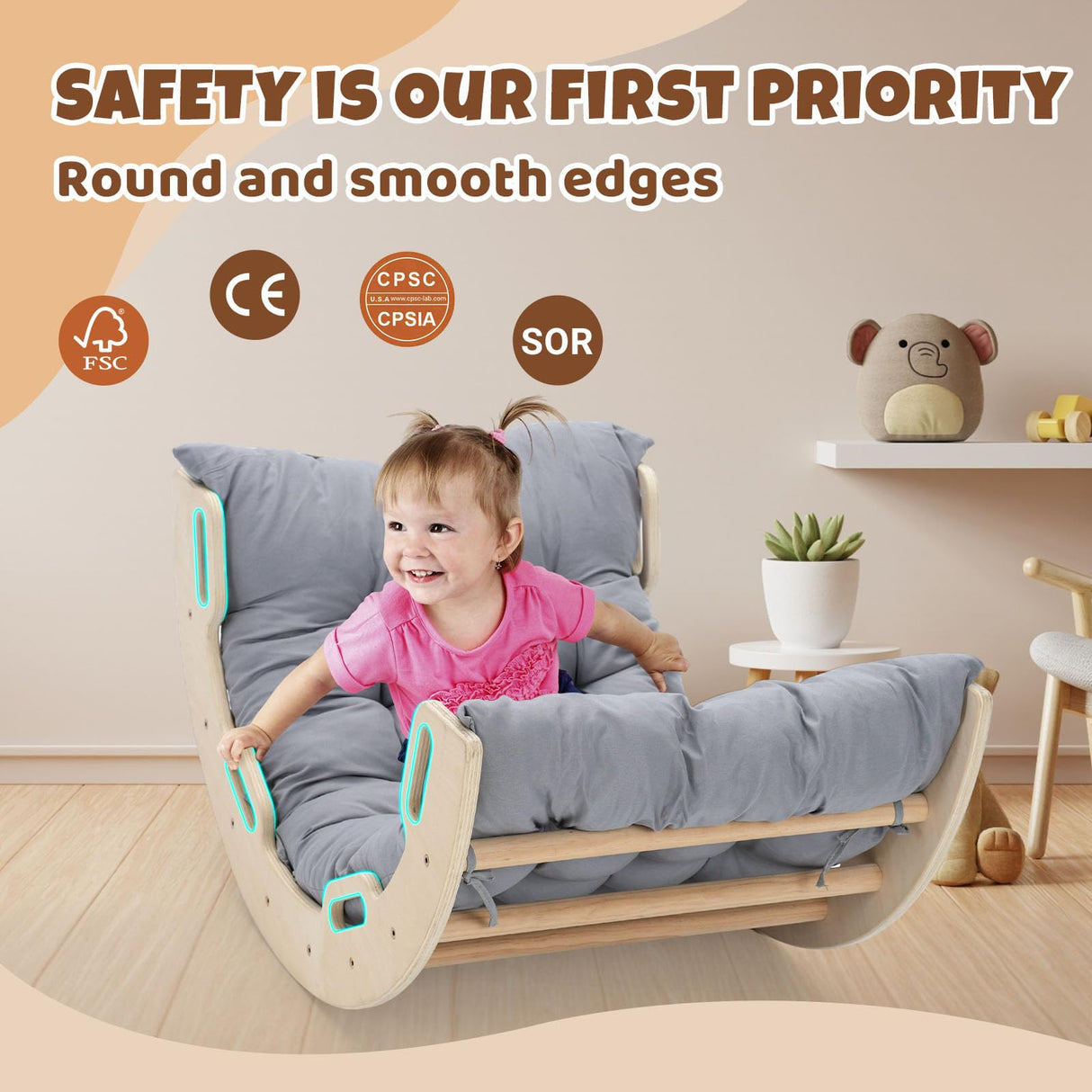 COSYLAND Kids Climber Arch Rocker with Cushion,Wooden Indoor Pikler Climbing Toys for Toddler with 4 Handrails On Each Side,Paintless Indoor Playground Arch Climbing Ladder (Natural) COSYLAND