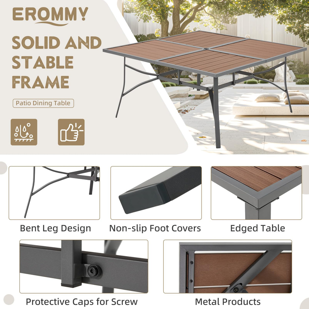 EROMMY 9-Piece Outdoor Dining Set, 8 Swivel Wicker Chairs with Thick Cushions & Wood-Like Dining Table with Umbrella Hole, Patio Furniture Set for Porch, Garden, Backyard, Poolside, Deck, Grey EROMMY