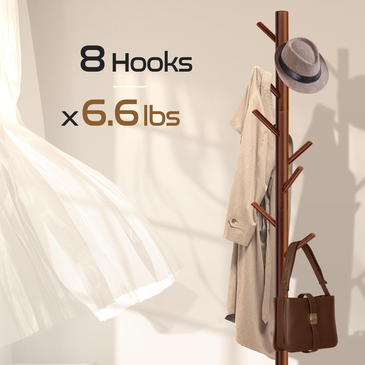 Freyawin Solid Wooden Coat Rack Freestanding, New Zealand Pine Coat Tree with 8 Hooks & 3 Adjustable Sizes for Coats, Hats, Handbags and Scarves, Space Saving for Entryway/Office/Bedroom (Brown) Freyawin