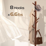 Freyawin Solid Wooden Coat Rack Freestanding, New Zealand Pine Coat Tree with 8 Hooks & 3 Adjustable Sizes for Coats, Hats, Handbags and Scarves, Space Saving for Entryway/Office/Bedroom (Brown) Freyawin