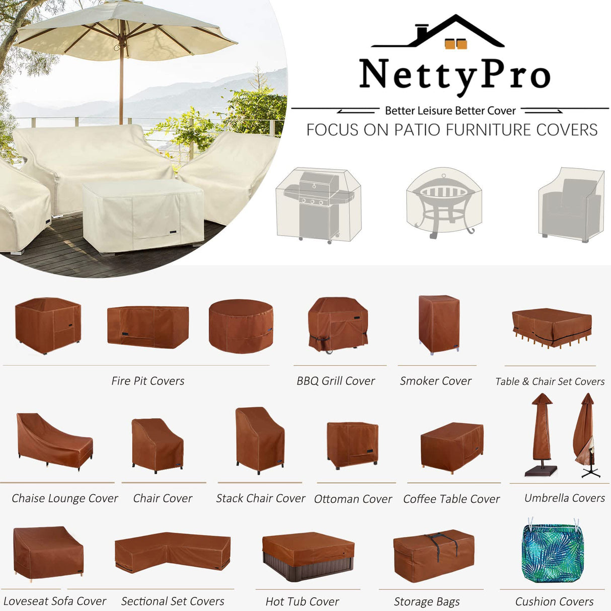 NettyPro Umbrella Cover for 10ft to 12ft Outdoor Umbrellas, Fade Resistant Waterproof and Ripstop Market Umbrella Parasol Cover with Zipper and Rod, Black NettyPro