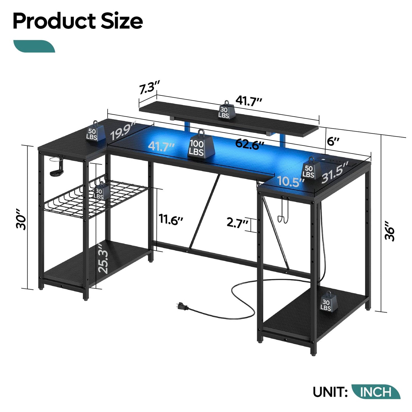 Bestier Gaming Desk with LED Lights & Power Outlets, 63 inch U Shaped Computer Desk with Monitor Stand & Storage Shelves, PC Desk with Cup Holder & Hook for Home Office, Black 3D Carbon Fiber - WoodArtSupply