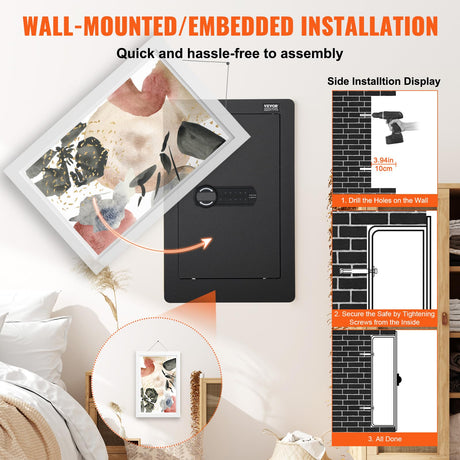 VEVOR 25.59" High Concealed Wall Safe, Keypad Access 3-Level Security Safe, Includes 3 Adjustable Shelves & 6 Hooks, Made of Durable Q235 Steel, Features LED Lighting & Alert System for Valuables VEVOR