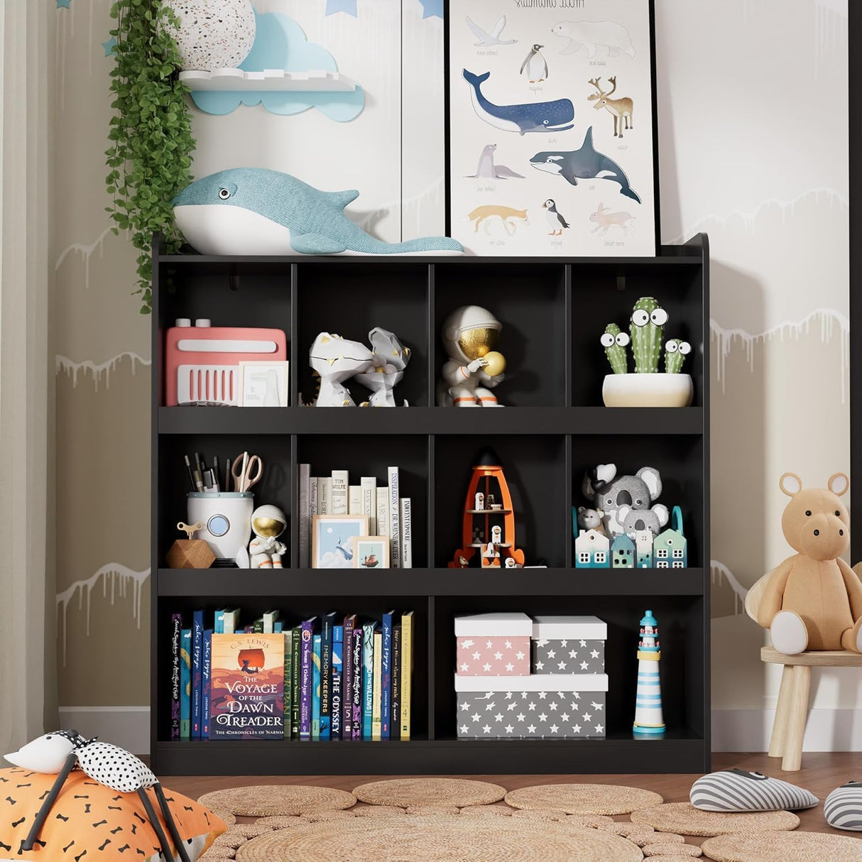 Cozy Castle 10 Cube Bookcase, 3 Tier 47.2'' Bookshelf, Kids Bookshelf Organizer, Wooden Bookcase with Anti-Tilt Device, Modern Storage Display Cabinet for Study Room, Bedroom, Living Room,Black Cozy Castle