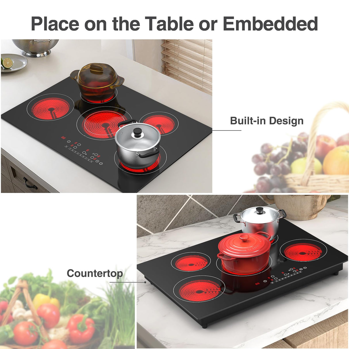 VBGK Electric cooktop 30 inch, 5 burner Electric Stove Built-in and Countertop Electric Stove Top, LED Touch Screen,9 Heating Level, Timer & Kid Safety Lock, 240V 30 inch Electric cooktop VBGK