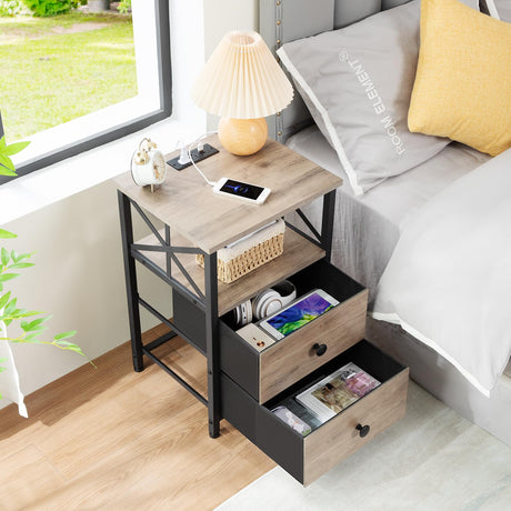 AMHANCIBLE Night Stand Set 2, Nightstand with Charging Station, End Tables Living Room with USB Ports and Outlets, Bedside Tables with Fabric Drawers for Bedroom, Greige HET05XGY AMHANCIBLE