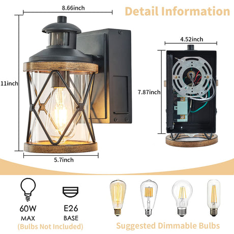 Dusk to Dawn Motion Sensor Outdoor Porch Light with GFCI Outlet,3 Lighting Modes Anti-Rust Waterproof Industrial Outdoor Lantern,UL ETL Listed,Exterior Work Lights Rustic Wood-Like Finish Wall Light Ejerlya