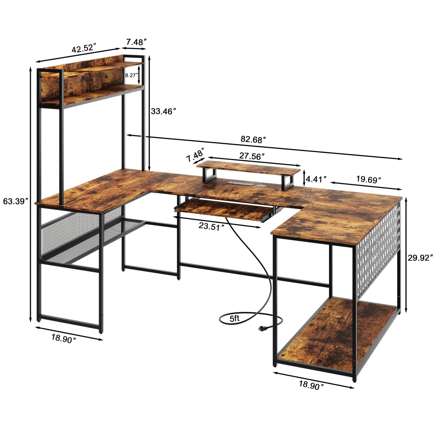 Halitaa U Shaped Desk with Power Outlet, L Shaped Office Desk with LED Lights and Monitor Stand, Reversible L-Shaped Computer Desk Suitable for Home Office, Corner, Gaming, Brown - WoodArtSupply