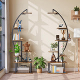 BECOKOME Tall Bookshelf with Lights, 2 Pack Ladder Bookcase, 7 Tier Arched Home Office Storage Book Collectibles Shelves, 64" Modern Corner Display Shelf for Bedroom Living Room Balcony, Rustic Brown BECOKOME