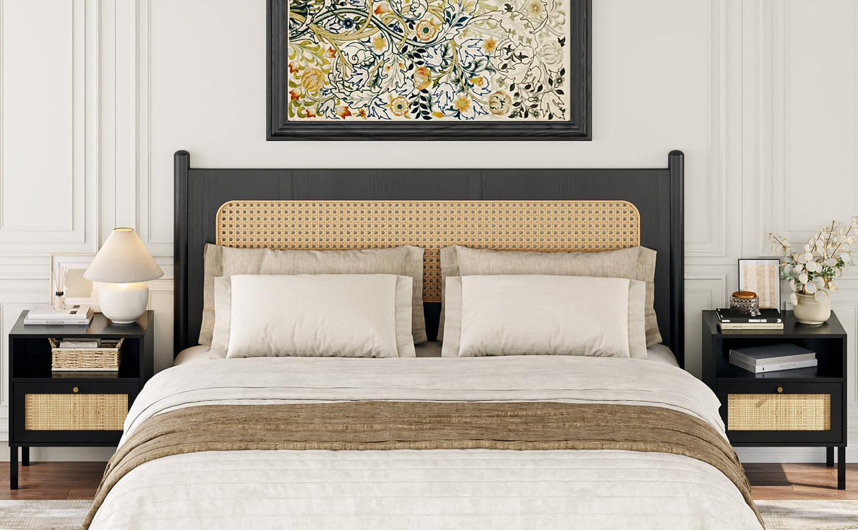 Angel Sar Rattan Night Stand Set 2, Boho Black Nightstands Set of 2, Bedside Table, End Table with Open Storage Space & Metal Legs, Bedroom Night Stand Wood Nightstand Angel Sar