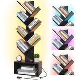 Yoobure Tree Bookshelf with LED Light, 6 Tier Book Shelf, Small Bookcase Narrow Bookshelves with Storage, Wood Book Case Organizer for CDs/Books, Floor-Standing Rack for Bedroom, Office, Black Yoobure
