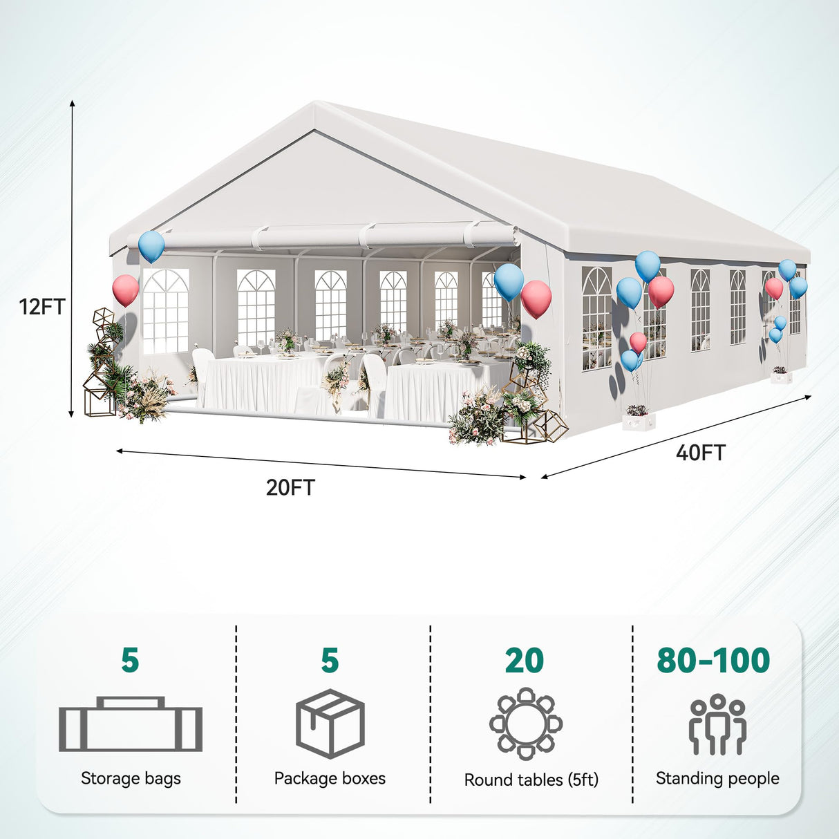 YITAHOME 20x40ft Heavy Duty Party Tent White Outdoor Wedding Event Shelters Heavy Duty Upgraded Galvanized Canopy with White Roof, Removable Sidewalls & 4 Storage Bags YITAHOME