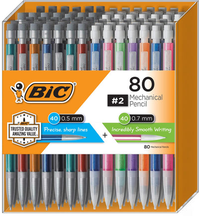 BIC Mechanical Pencil #2 EXTRA SMOOTH, 80 Pack Of Forty 0.5mm, and Forty 0.7 mm - Assorted Colored Barrels - 80 Lead Pencils