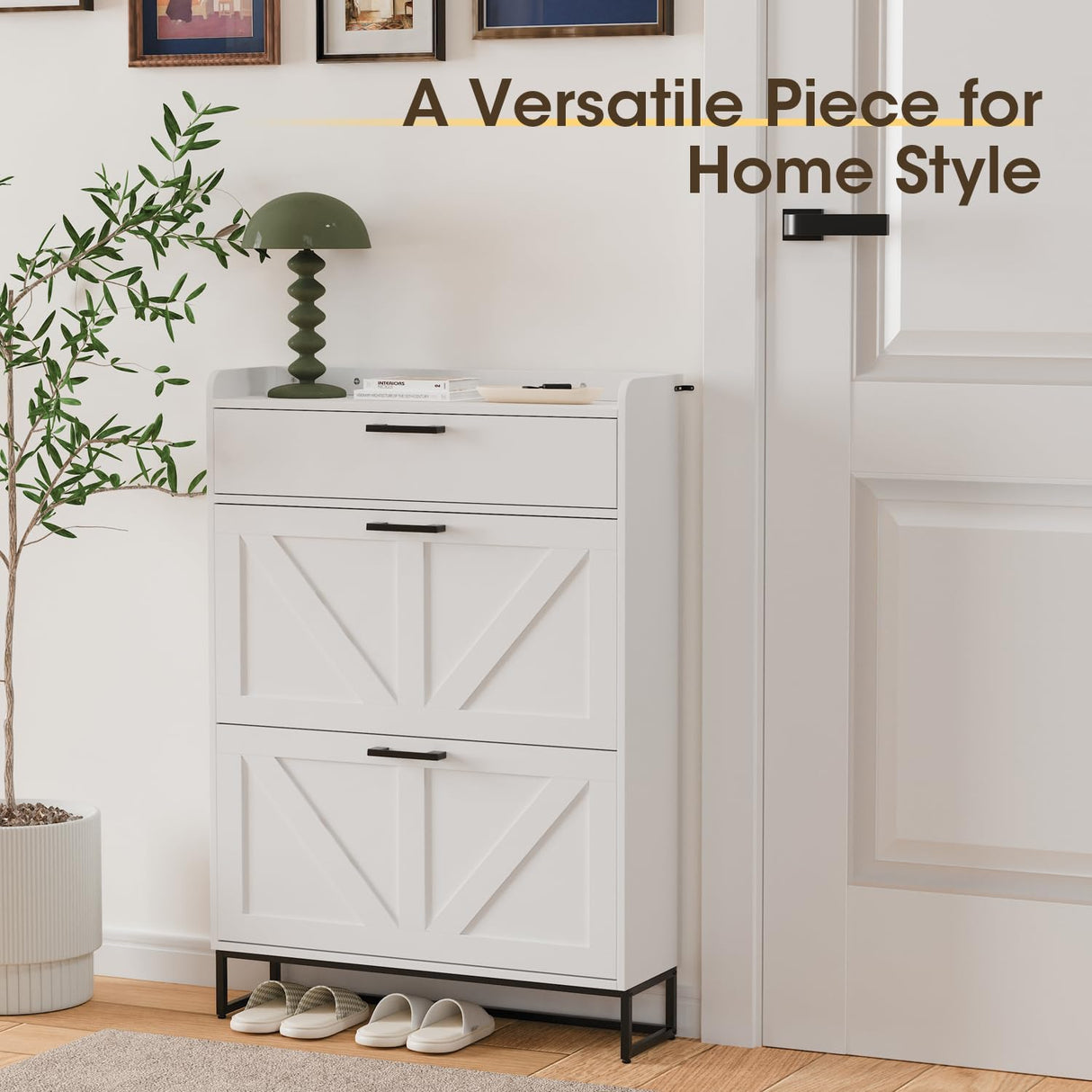 DSNAPE Shoe Storage Cabinet with 2 Flip Drawers for Entryway - 31.5" W Freestanding Shoe Organizer Cabinet, Hidden Shoe Cabinet for Front Door and Hallway, White DSNAPE