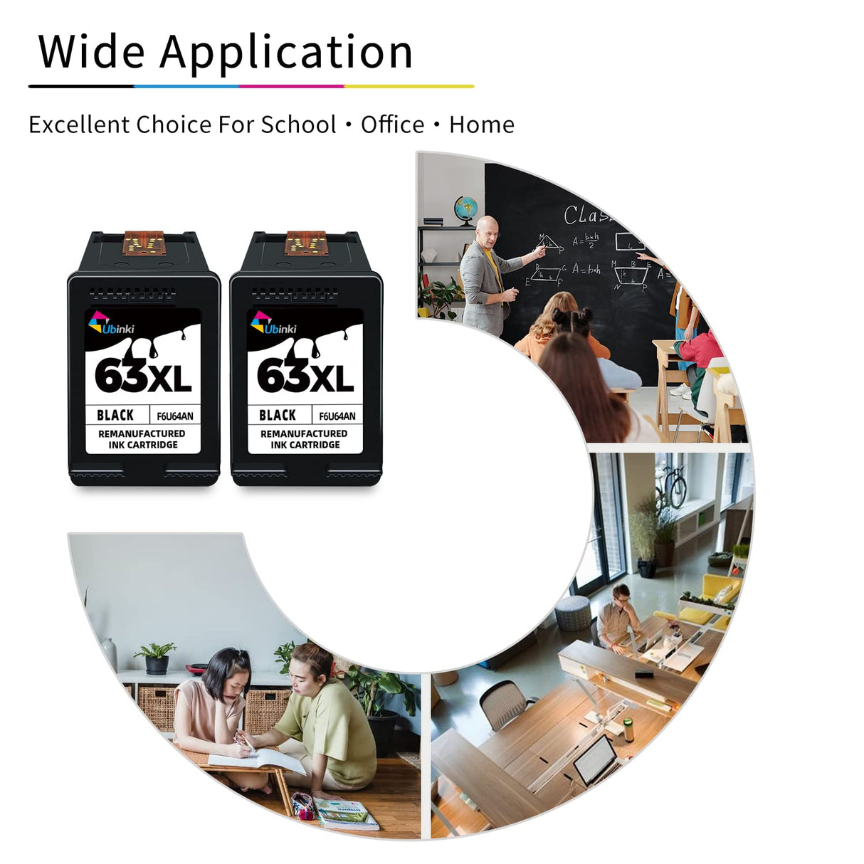 63XL Black Ink Cartridge to Officejet 3830 5258 Printer Ink Replacement for Hp Ink 63 XL 63XL HP63 HP63xl to Envy 4520 4512 4510 Officejet 4650 5200 5255 4655 4652 5252 3630 3632 2132 Printer (2-Pack) Ubinki