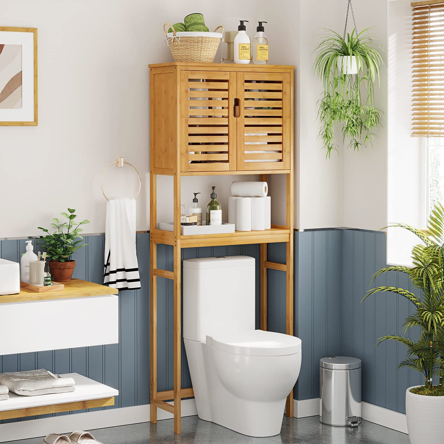 VIAGDO Natural Bamboo Over The Toilet Storage Cabinet with Adjustable Shelves and Doors - WoodArtSupply