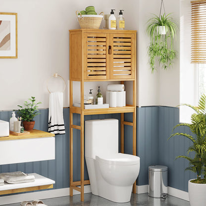 VIAGDO Natural Bamboo Over The Toilet Storage Cabinet with Adjustable Shelves and Doors - WoodArtSupply