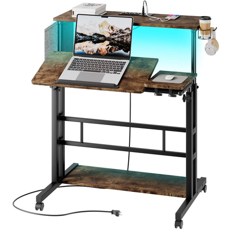 Dripex Mobile Standing Desk with Power Outlets & Strip Lights, Rolling Computer Table with Cup Holder, Hook, Storage Bag, Adjustable Height Desk, Small Standing Desk Drawing Desk Dripex