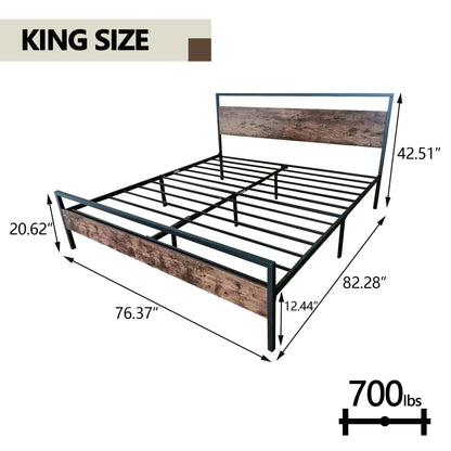 Modern Industrial King Size Bed Frame with Rustic Wooden Headboard & Footboard by alazyhome