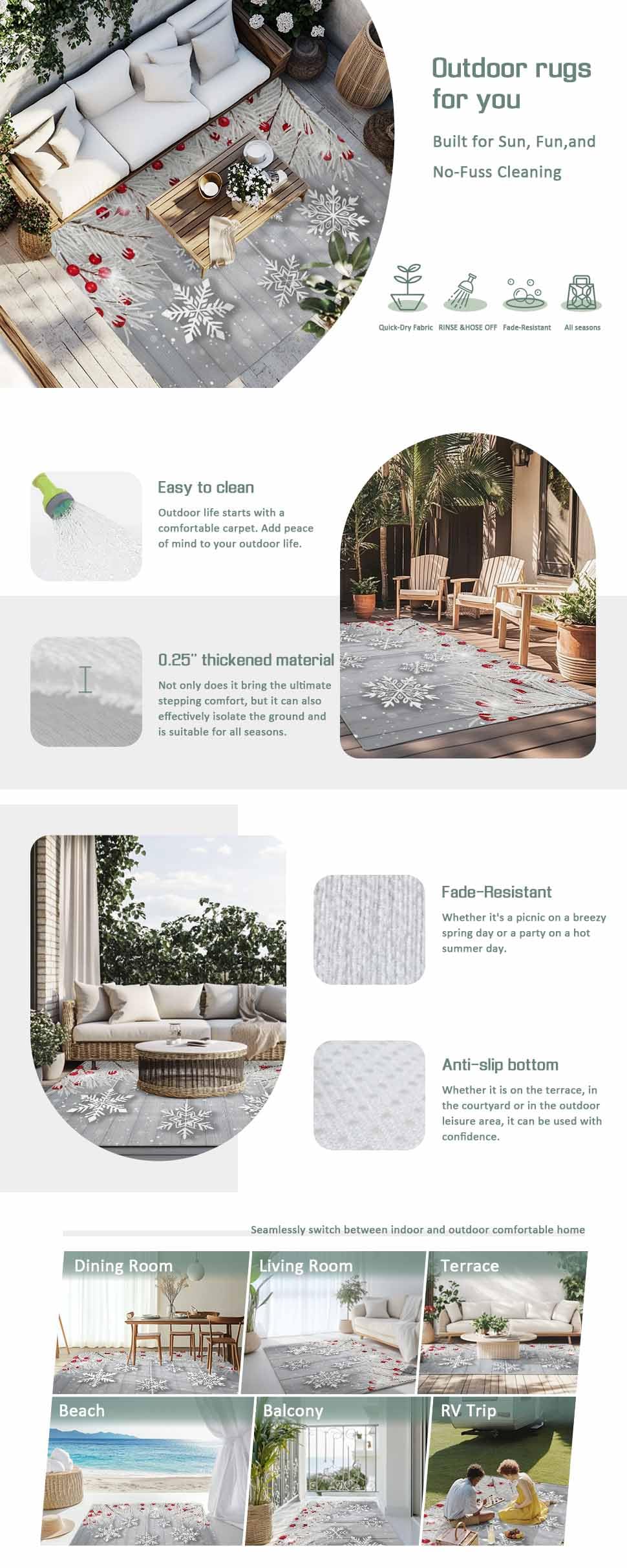 Winter Snowflake Outdoor Rug 5x8ft Christmas White Pine Branch Gray Wood Grain Waterproof Patio Rugs Lightweight Foldable Outside Large Area Rug Carpet for Porch Deck Balcony Backyard Camper Lkicikik