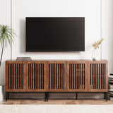 Qufusaty Farmhouse TV Stand for TVs up to 85 inch, 2 in 1 Entertainment Center TV Console with Storage Cabinets and Metal Base,Media Console for Living Room,Brown Qufusaty