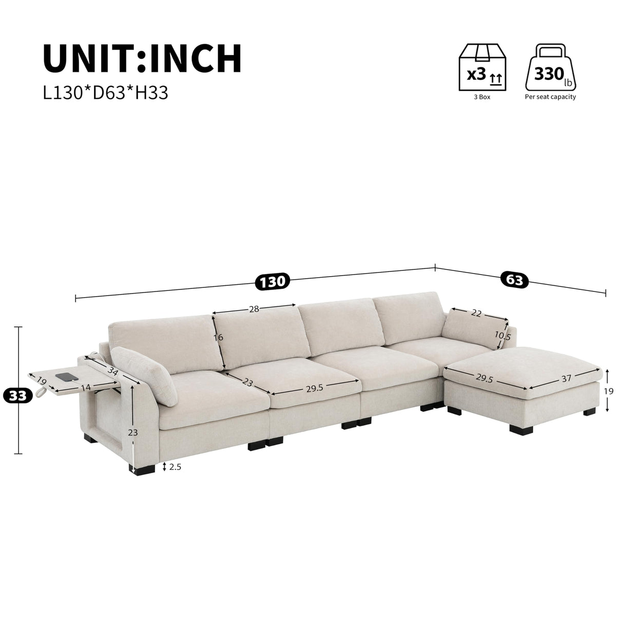 Ball & Cast Oversized Modular L Shaped Sectional Sofa W/Movable Ottoman and USB Ports,5 Seater Chenille Couch W/ 2 Armrest Pillows,Side Pocket & Folding Table,for Living Room,Apartment,Beige,130" Ball & Cast