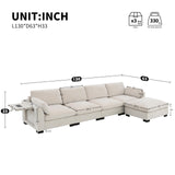 Ball & Cast Oversized Modular L Shaped Sectional Sofa W/Movable Ottoman and USB Ports,5 Seater Chenille Couch W/ 2 Armrest Pillows,Side Pocket & Folding Table,for Living Room,Apartment,Beige,130" Ball & Cast