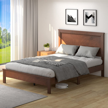 KOMFOTT Mid Century Solid Wood Full Bed Frame with Headboard & Slatted Mattress Support KOMFOTT