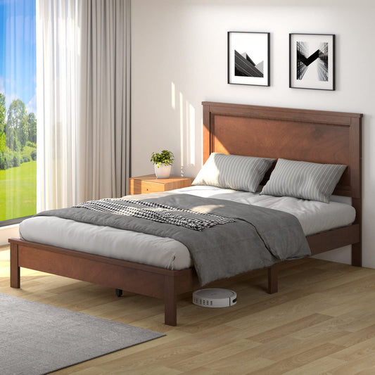 KOMFOTT Mid Century Solid Wood Full Bed Frame with Headboard & Slatted Mattress Support - WoodArtSupply