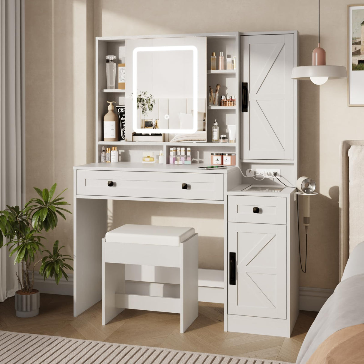 Fameill Vanity Desk with Mirror and Lights, Makeup Vanity Desk with Power Outlet, 2 Drawers & Storage, Vanity Table with Chair & Jewelry Cabinet, for Bedroom (White) Fameill