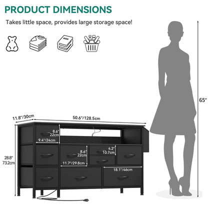 YITAHOME Dresser TV Stand with Power Outlet for 55'' TV, 9-Drawer Dresser for Bedroom, Media TV Console Table with Side Pockets & Hooks, Fabric Dresser Chest of Drawers for Bedroom, Living Room, Black