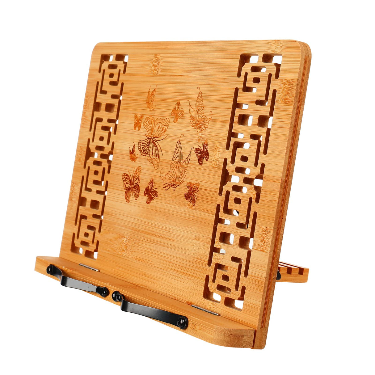 MEGREZ Book Stand for Reading (13.2 x 9.4 inch) Bamboo Cookbook Stand Holder for Kitchen, Adjustable Book Holder Stand for Tablet/Textbook Holder/Hollow Bookrest Stand, Butterflies MEGREZ