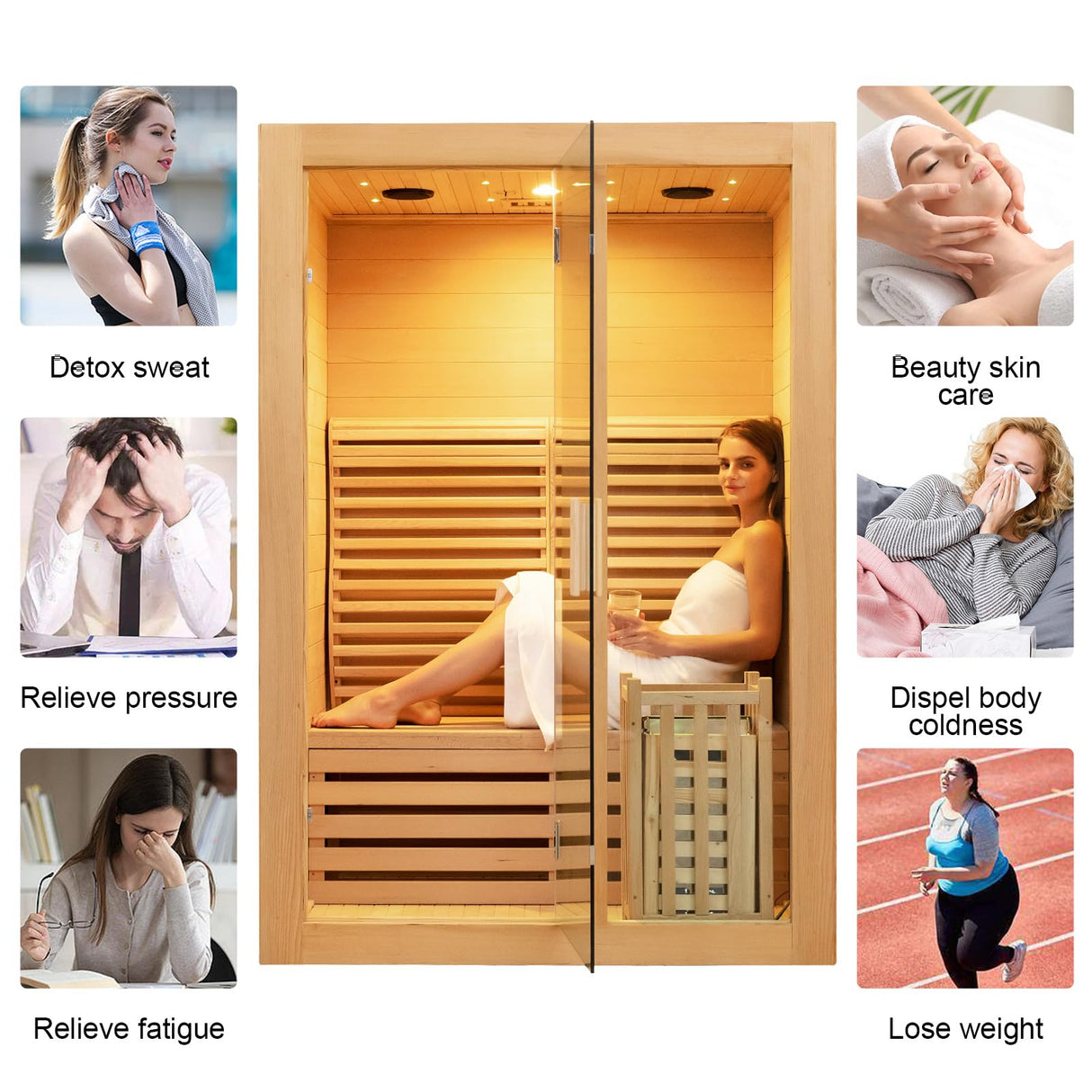 ZONEMEL Wooden Steam Sauna Room, 2 Person Canadian Hemlock Luxurious Indoor Sauna with 3.5 KW Harvia Stove Heater, Bluetooth Speaker, Sauna Stone, Wooden Bucket, Scoop, Reading Light, Hourglass ZONEMEL