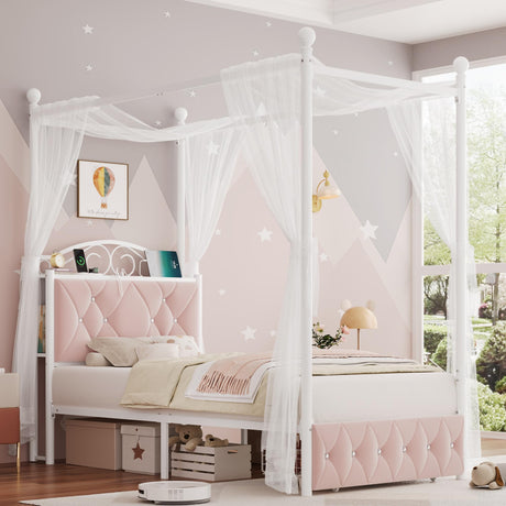 Twin Upholstered Canopy Bed Frame with Drawer & Crystal Tufted Storage Headboard Two-Purpose Metal Platform Bed with 4 Removable Posts & Charging Station Pink Princess Bed, Curtain Not Included Keyluv
