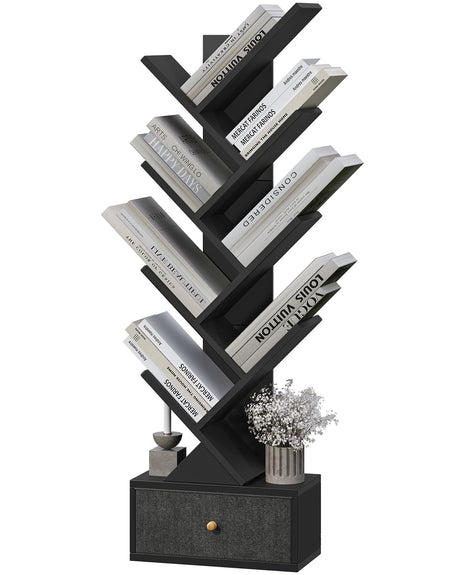 Yzosvki 9 Tier Tree Book Shelf with Drawer, Floor Standing Bookshelf Storage Organizer Bookshelves for Books/CDs, 9 Shelf Narrow Bookcase for Sturdy Room, Bedroom, Living Room, Black Yzosvki