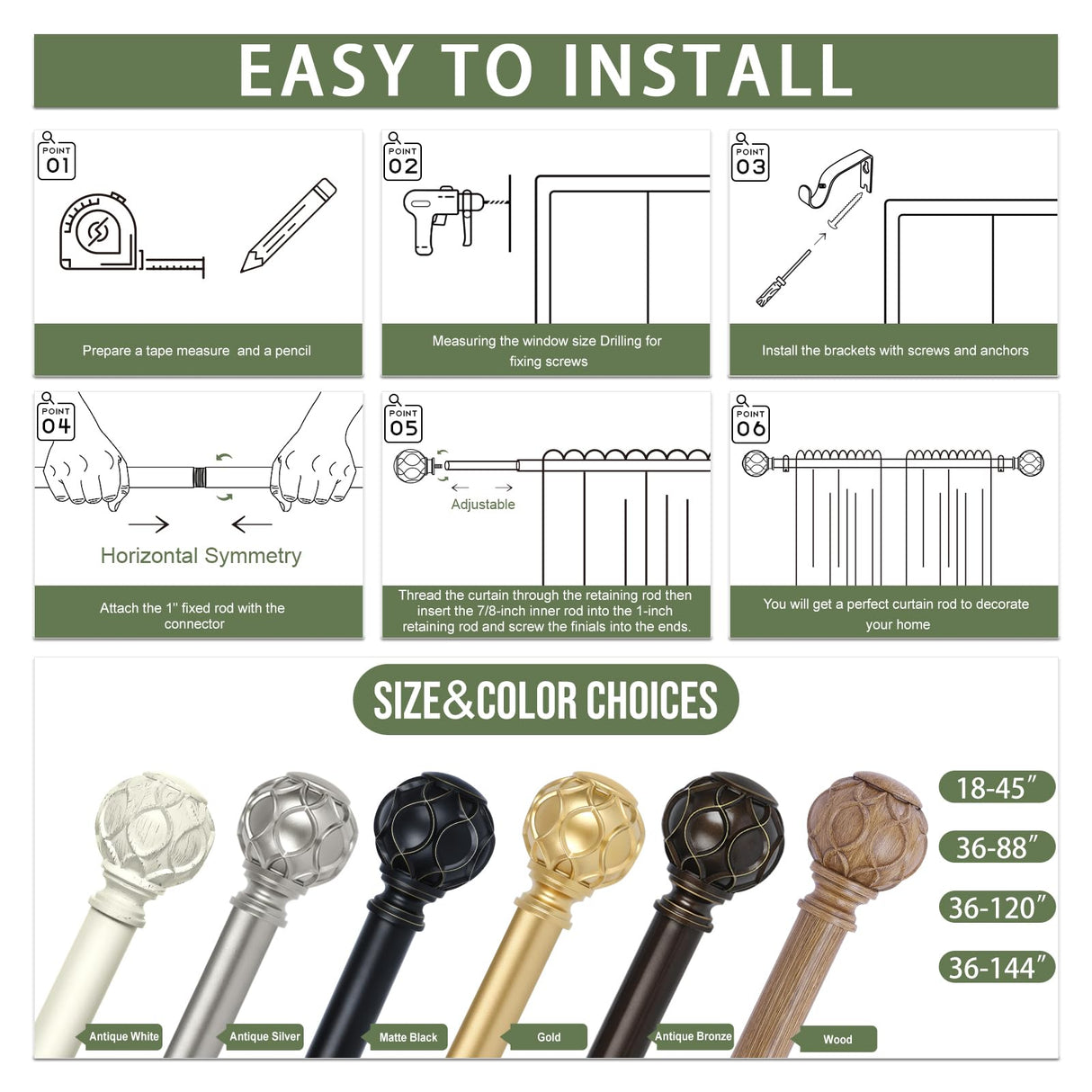 HTZON Wood Curtain Rods 48 to 84 Inch,1 Inch Adjustable Curtain Rod,Netted Wooden Window Curtains Rods,Farmhouse Rustic Heavy Duty Curtain Rods,Brown Wood Grain Decorative Single Drapery Rods 36-88" HTZON