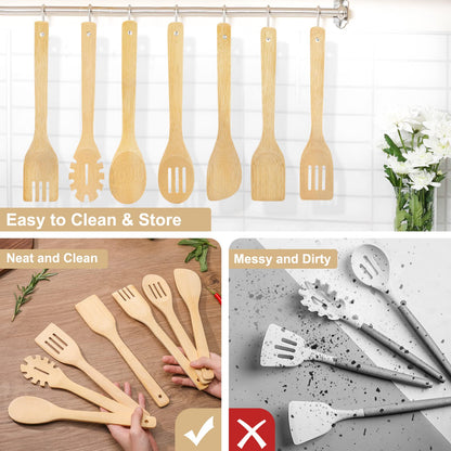 [7-PCS] Wooden Spoons for Cooking is for All Kitchen. Made From Bamboo Wood, Wooden Spatula & Wooden Spoon 11.8 in. and Non-Stick Surface, Suitable for Home & Chef Use or Gift for Someone Special.