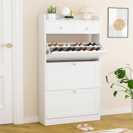 VOWNER Shoe Cabinet with 3 Flip Drawers & 2 Drawers, Freestanding Shoe Storage Cabinet with Adjustable Shelves, Shoe Organizer for Entryway, Hallway, Living Room, White VOWNER