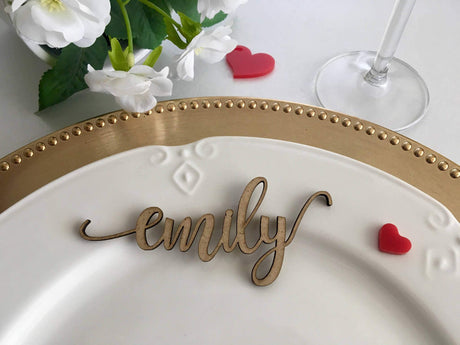 Gold Wedding Place Cards Personalized Acrylic Laser Cut Names Place name settings Guest name tags Wedding Signs Calligraphy Modern New Font Wood Decorations Wooden Centerpieces Dinner Party Decor FranJohnsonHouse