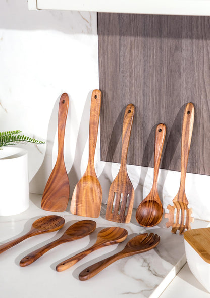 Nucookery Wooden Cooking Utensils Set with Holder, Teak Wood Kitchen Utensils Set, Ceramic Utensils Holder for Countertop, Nonstick Wooden Spoons for Cooking Spatula Set 10 Pcs, Natural Kitch - WoodArtSupply