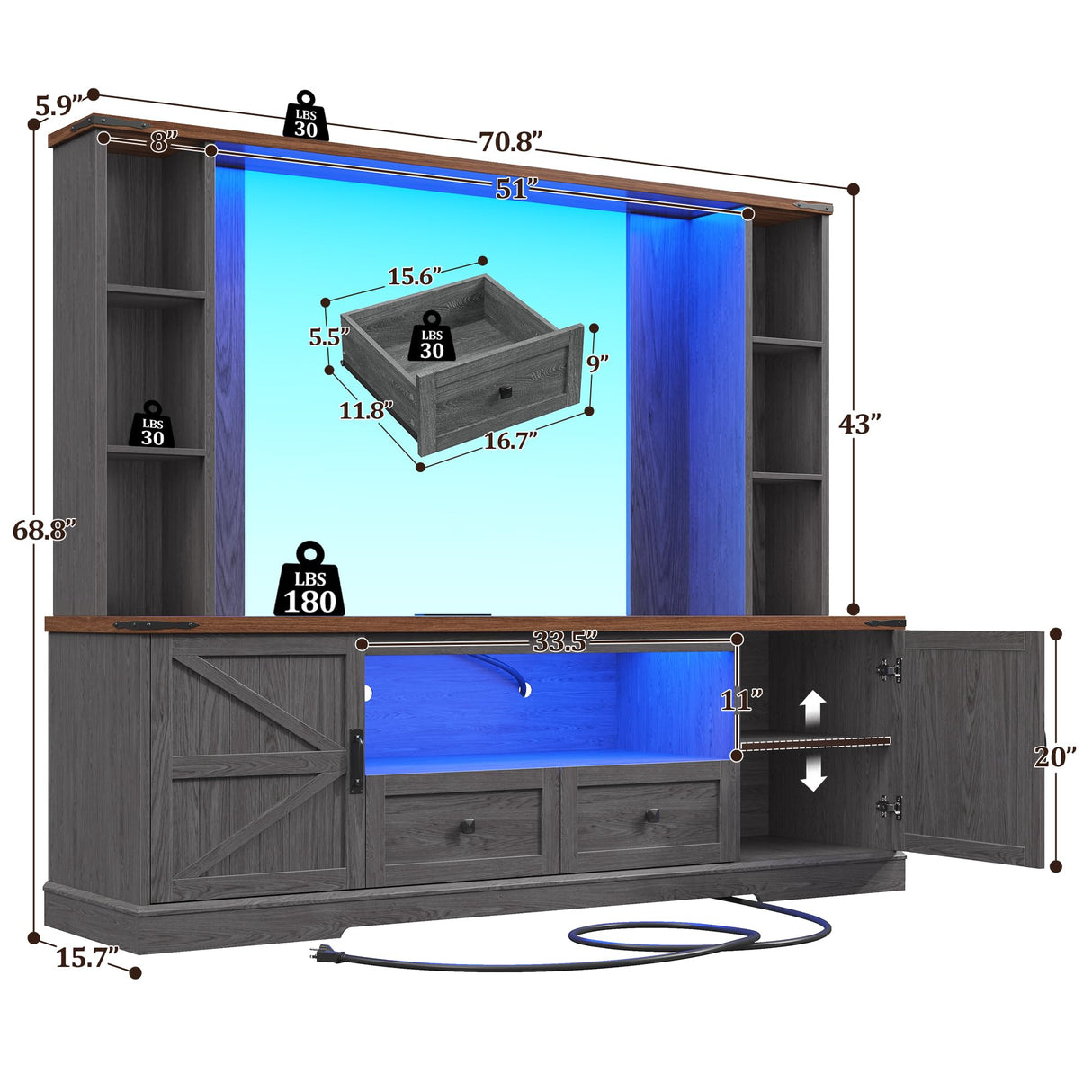 Entertainment Center with 2 LED Lights & Power Outlets, Large Farmhouse Wall Unit Entertainment Center for 60 Inch Television Stand, TV Stands for Living Room with Storage Shelf, Dark Grey EnHomee