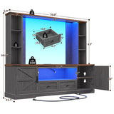 Entertainment Center with 2 LED Lights & Power Outlets, Large Farmhouse Wall Unit Entertainment Center for 60 Inch Television Stand, TV Stands for Living Room with Storage Shelf, Dark Grey EnHomee