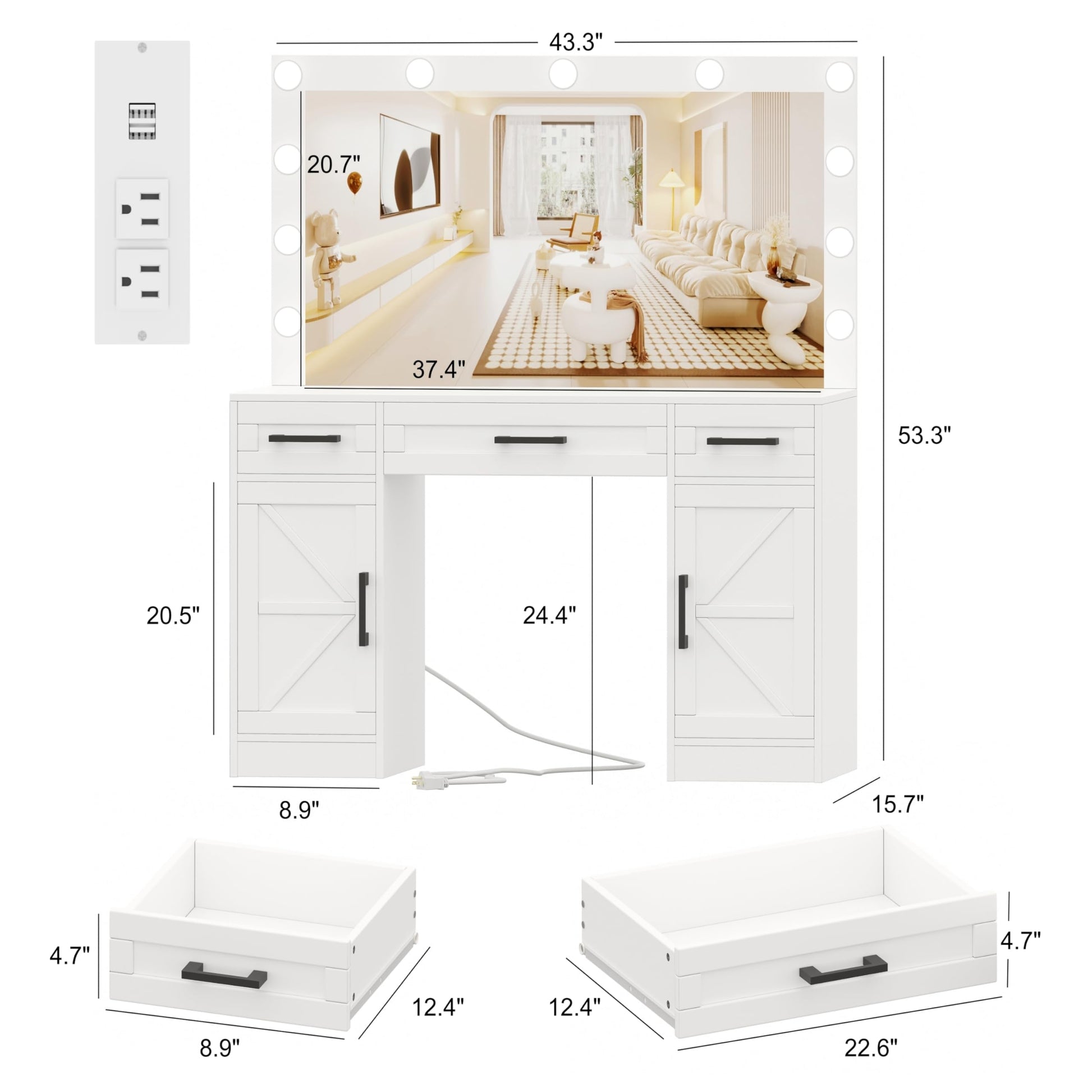 Rovaurx Farmhouse Vanity Desk with Large Lighted Mirror, Makeup Vanity with 3 Drawers and Cabinet, Vanity Table with Charging Station, 3 Color - WoodArtSupply
