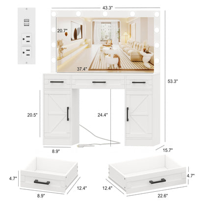 Rovaurx Farmhouse Vanity Desk with Large Lighted Mirror, Makeup Vanity with 3 Drawers and Cabinet, Vanity Table with Charging Station, 3 Color - WoodArtSupply
